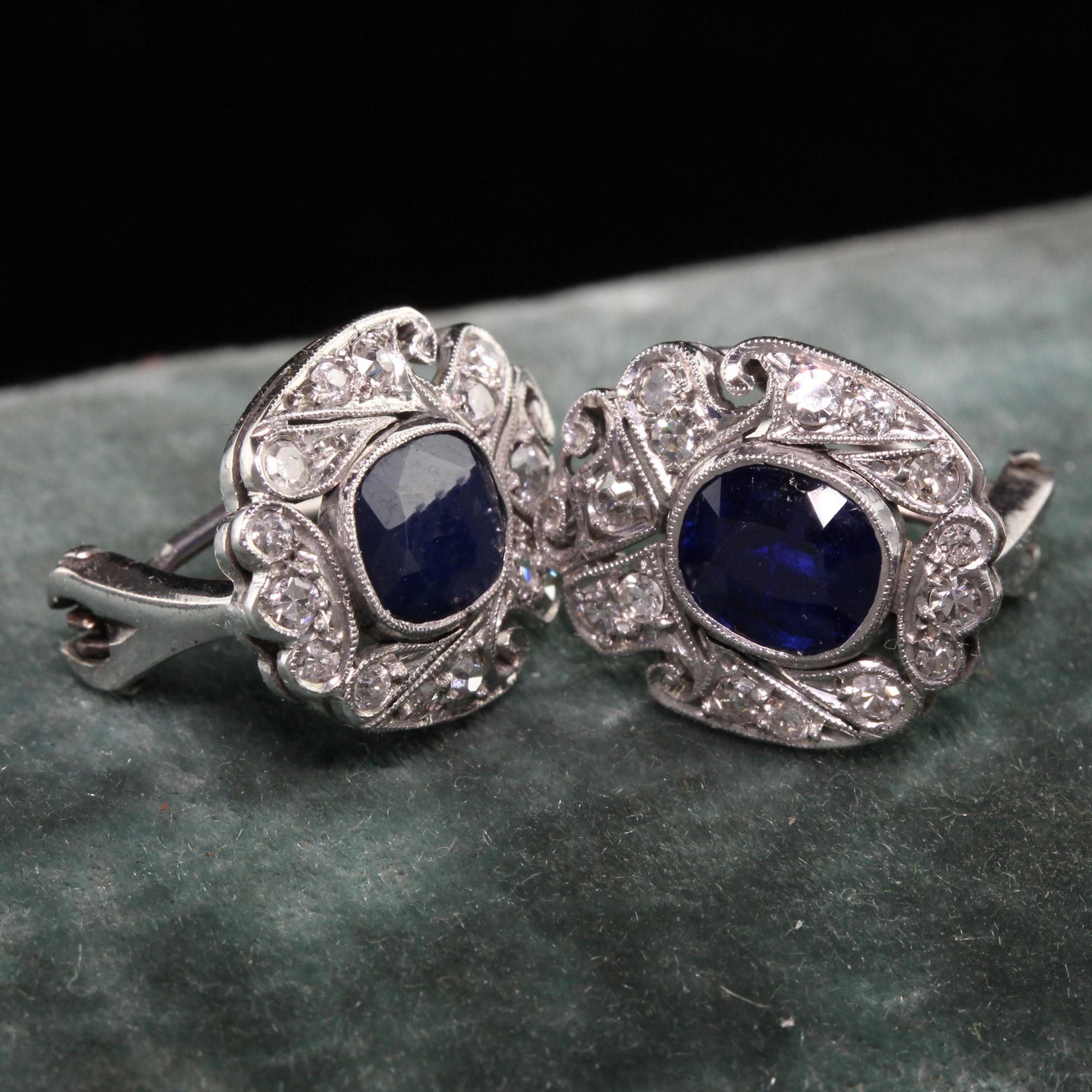 Gorgeous Antique Art Deco 14K White Gold Diamond and Sapphire Earrings. These gorgeous earrings have old cut diamonds and blue sapphires as center stones. They sit very well on the ear.

Item #E0036

Metal: 14k White Gold

Diamonds: Approximately