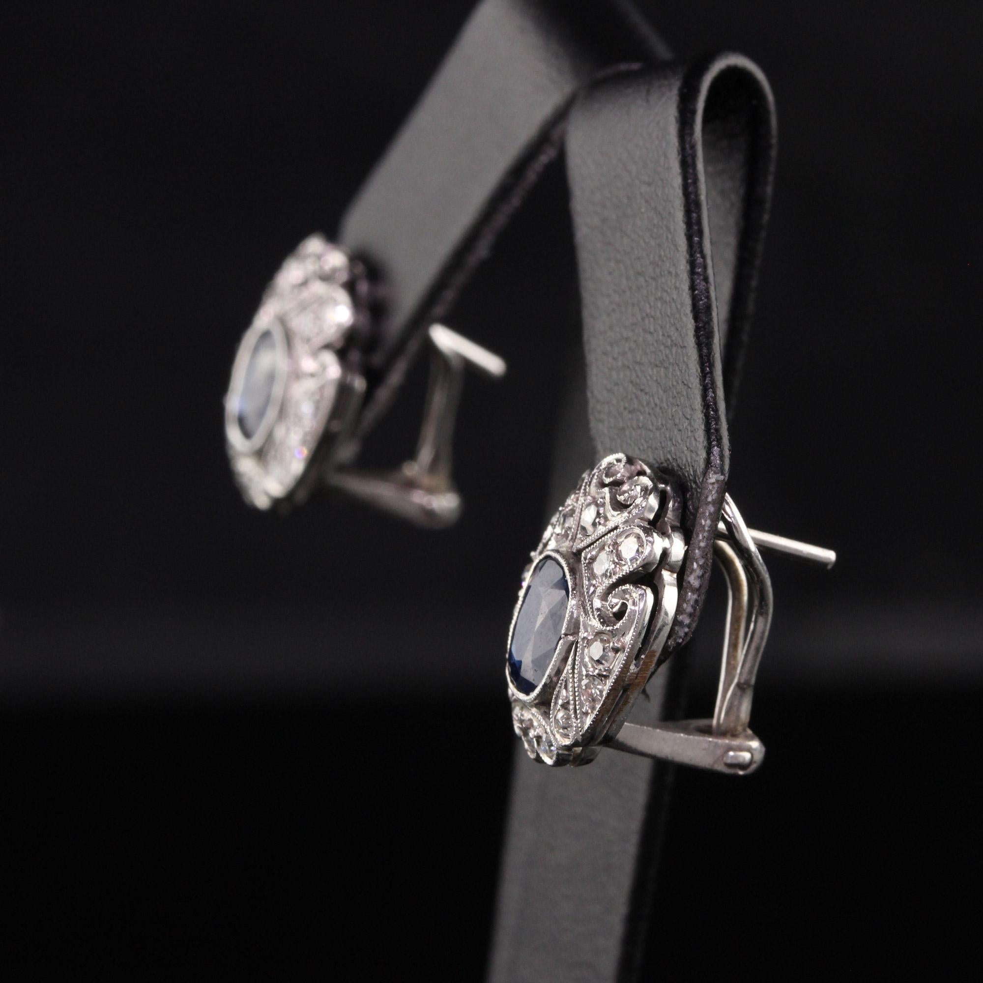 Antique Art Deco 14K White Gold Diamond and Sapphire Earrings In Good Condition In Great Neck, NY