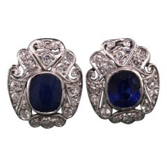 Antique Art Deco 14K White Gold Diamond and Sapphire Earrings