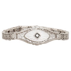 Bracelet Art déco ancien en or blanc 14 carats, diamants et verre de camphre