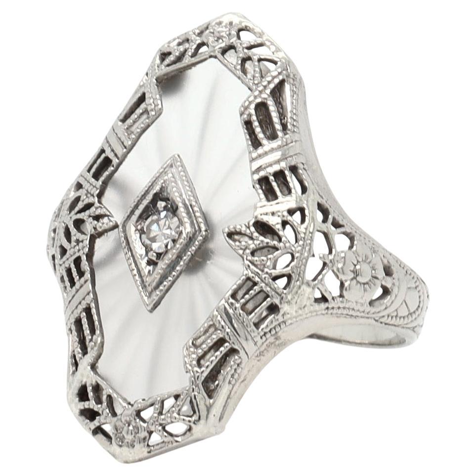 Antique Art Deco 14K White Gold, Diamond, & Camphor Glass Filigree Cocktail Ring