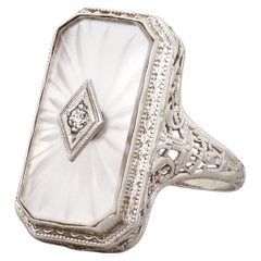 Antique Art Deco 14K White Gold, Diamond, & Camphor Glass Ring