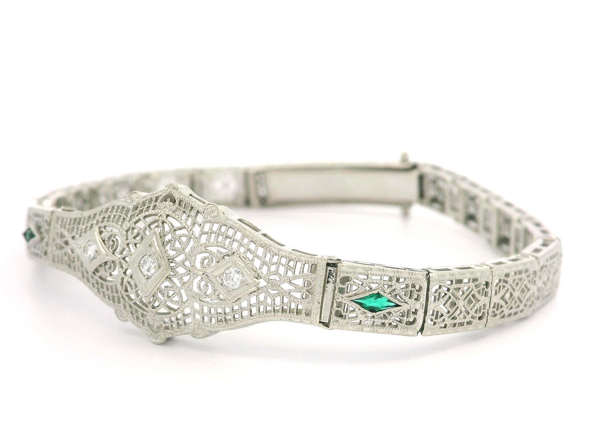Antique Art Deco 14k White Gold Diamond & Emerald Filigree Bracelet 5