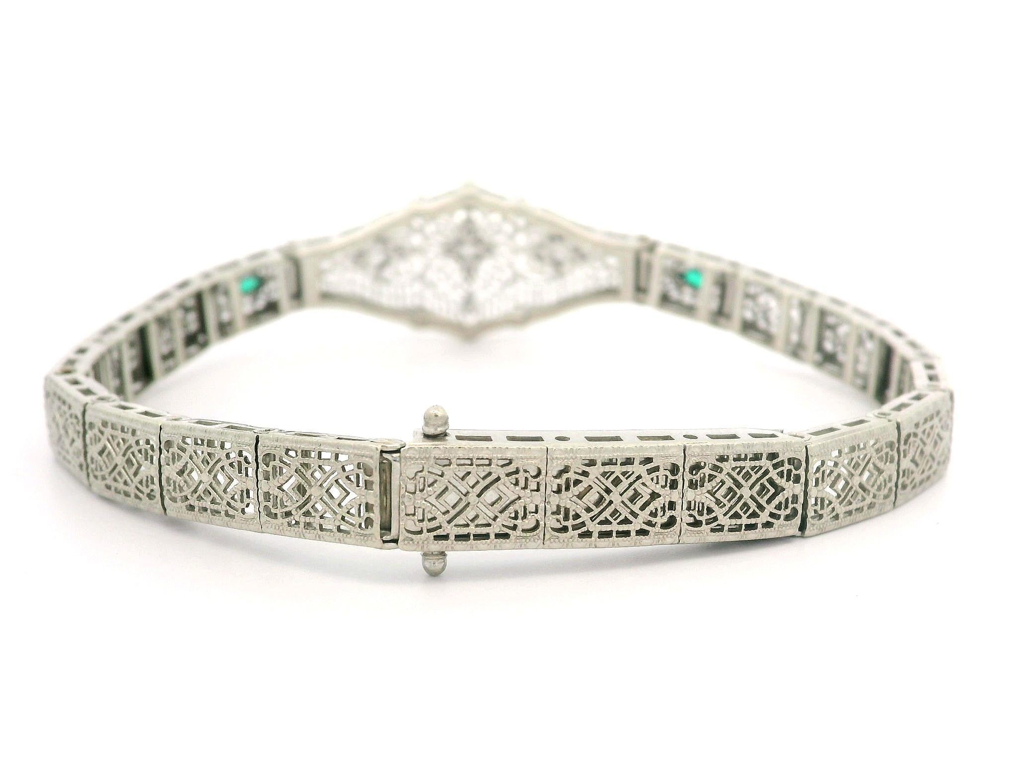 Antique Art Deco 14k White Gold Diamond & Emerald Filigree Bracelet 6