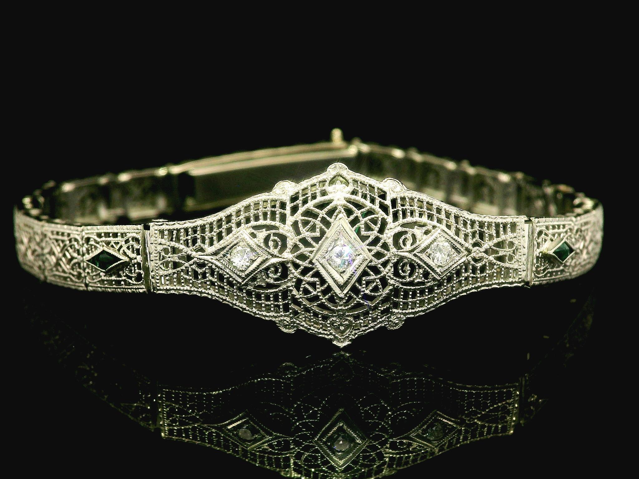Old European Cut Antique Art Deco 14k White Gold Diamond & Emerald Filigree Bracelet