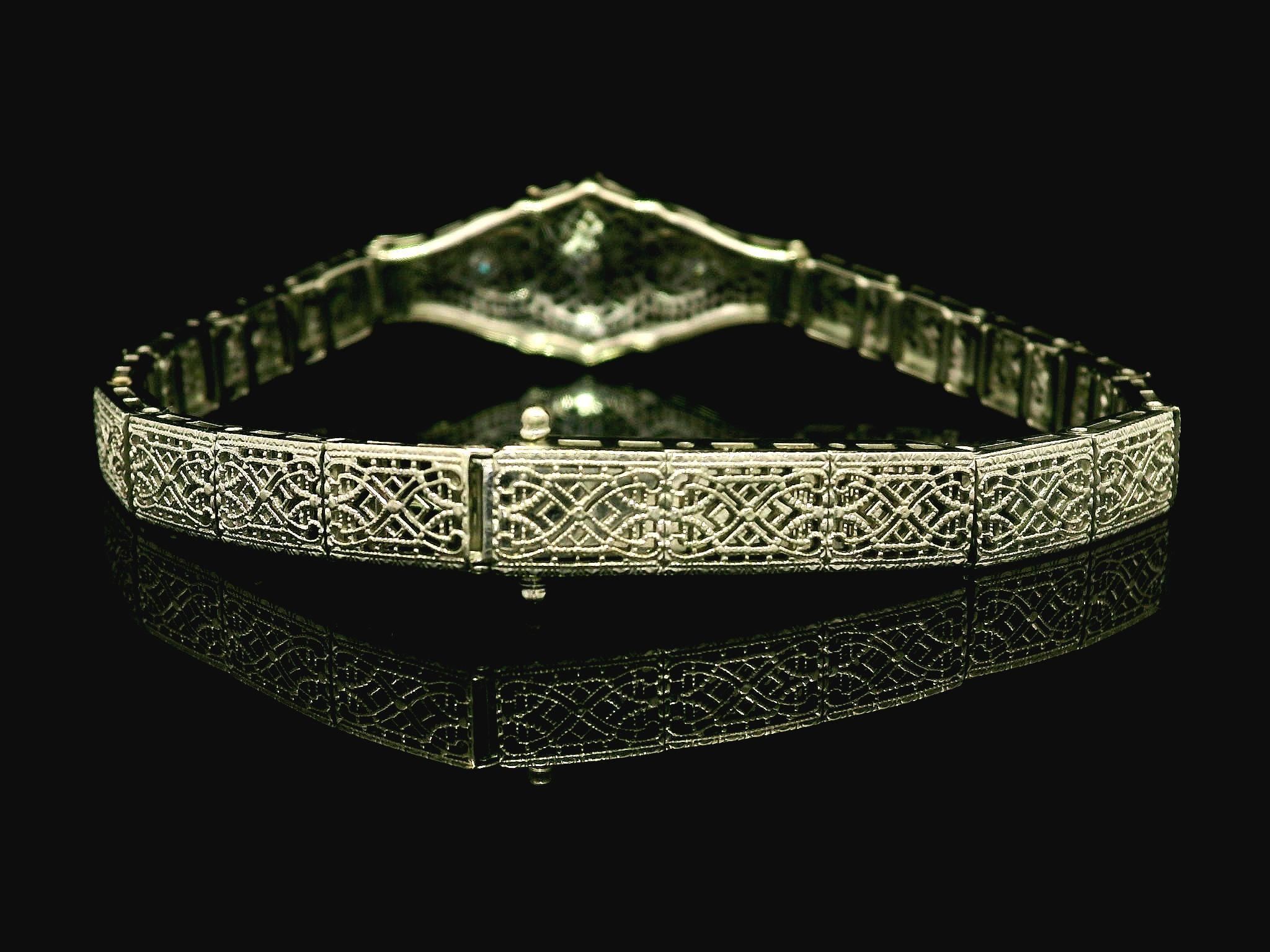 Antique Art Deco 14k White Gold Diamond & Emerald Filigree Bracelet 1