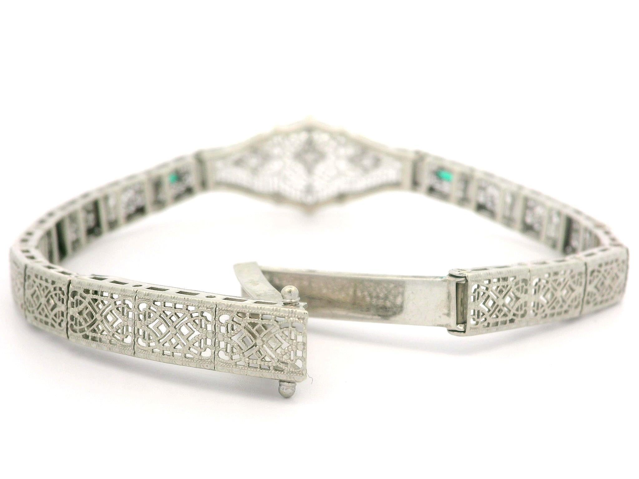 Antique Art Deco 14k White Gold Diamond & Emerald Filigree Bracelet 2