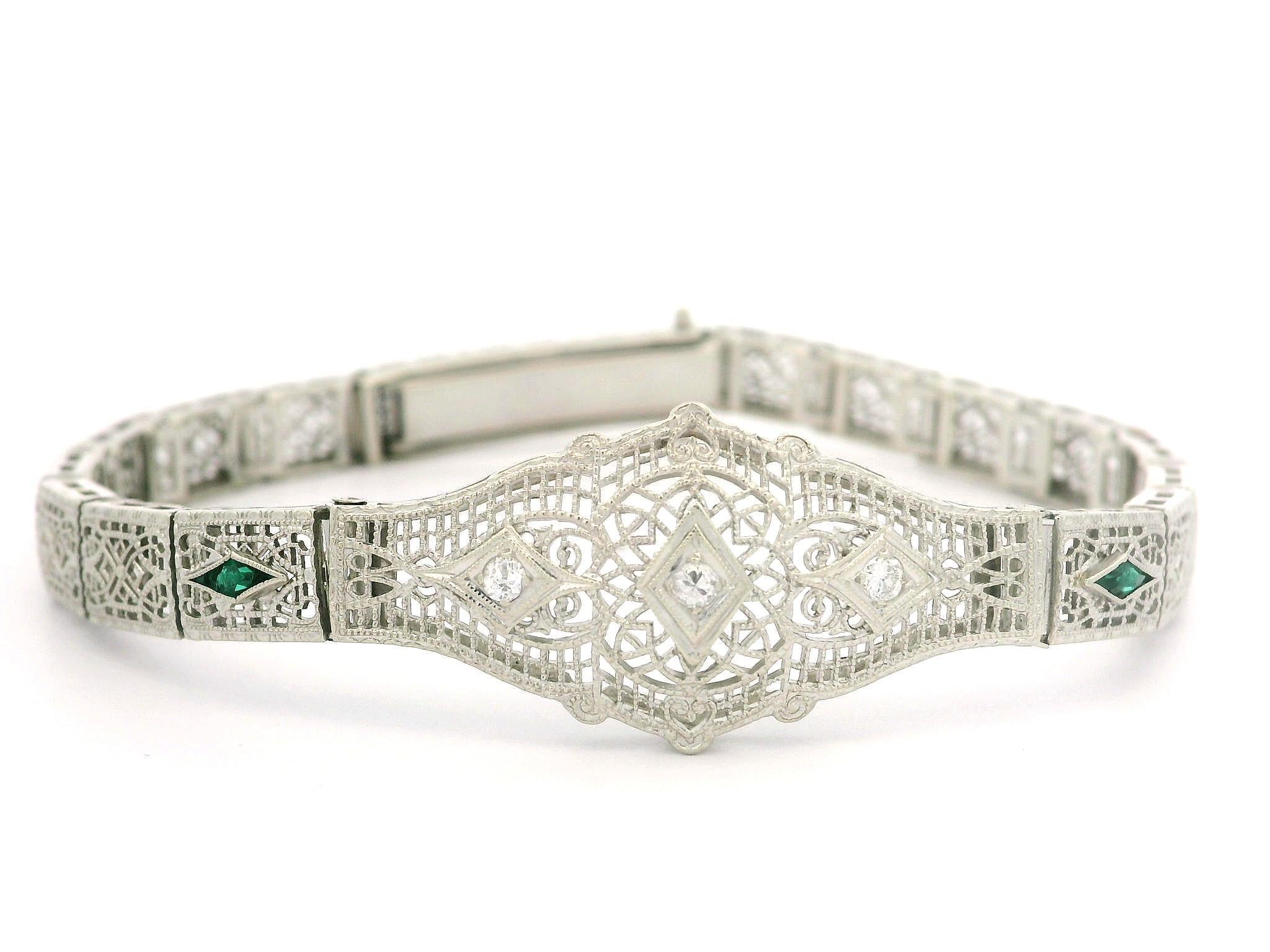 Antique Art Deco 14k White Gold Diamond & Emerald Filigree Bracelet 3