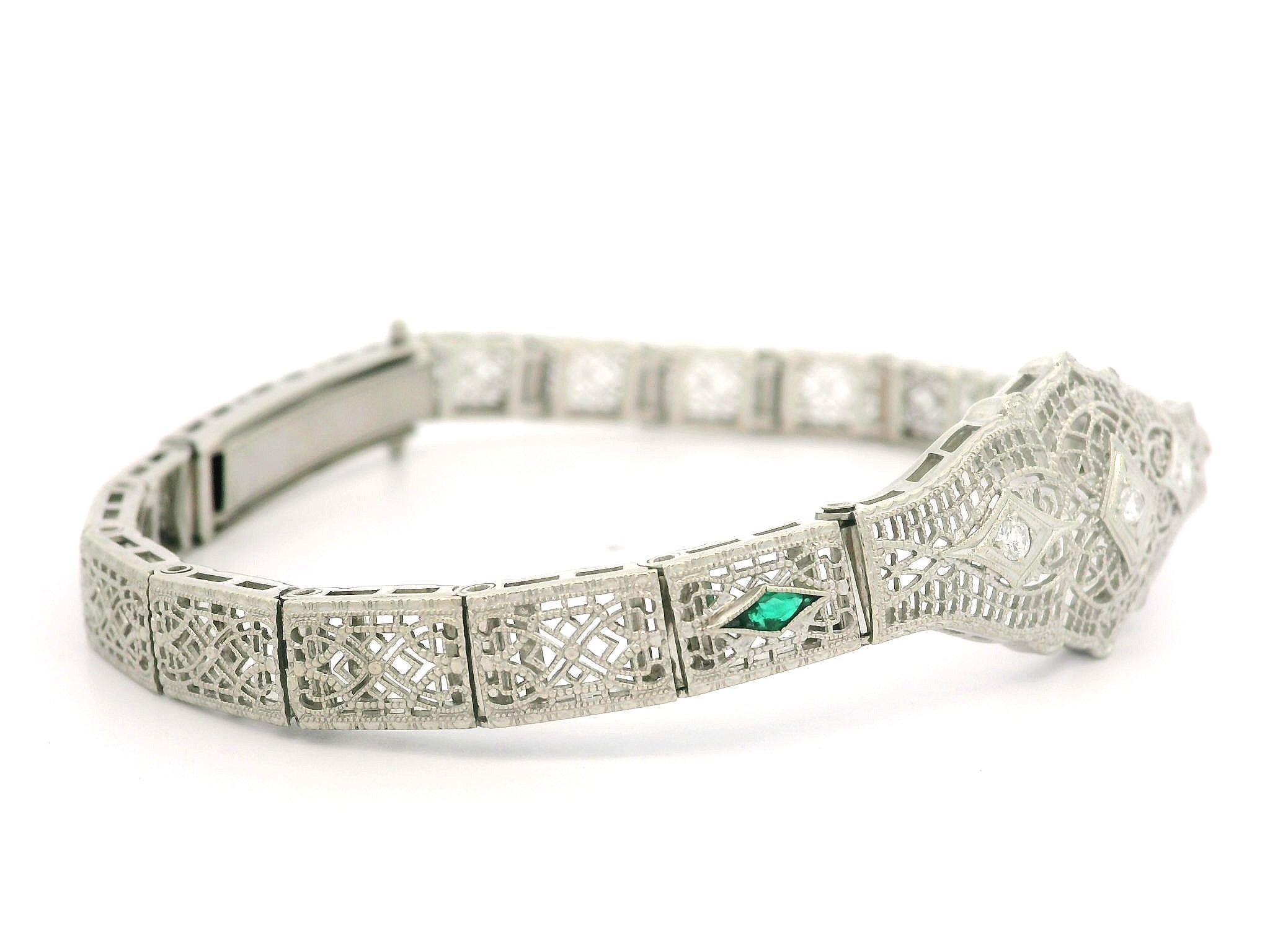 Antique Art Deco 14k White Gold Diamond & Emerald Filigree Bracelet 4