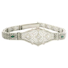 Antique Art Deco 14k White Gold Diamond & Emerald Filigree Bracelet