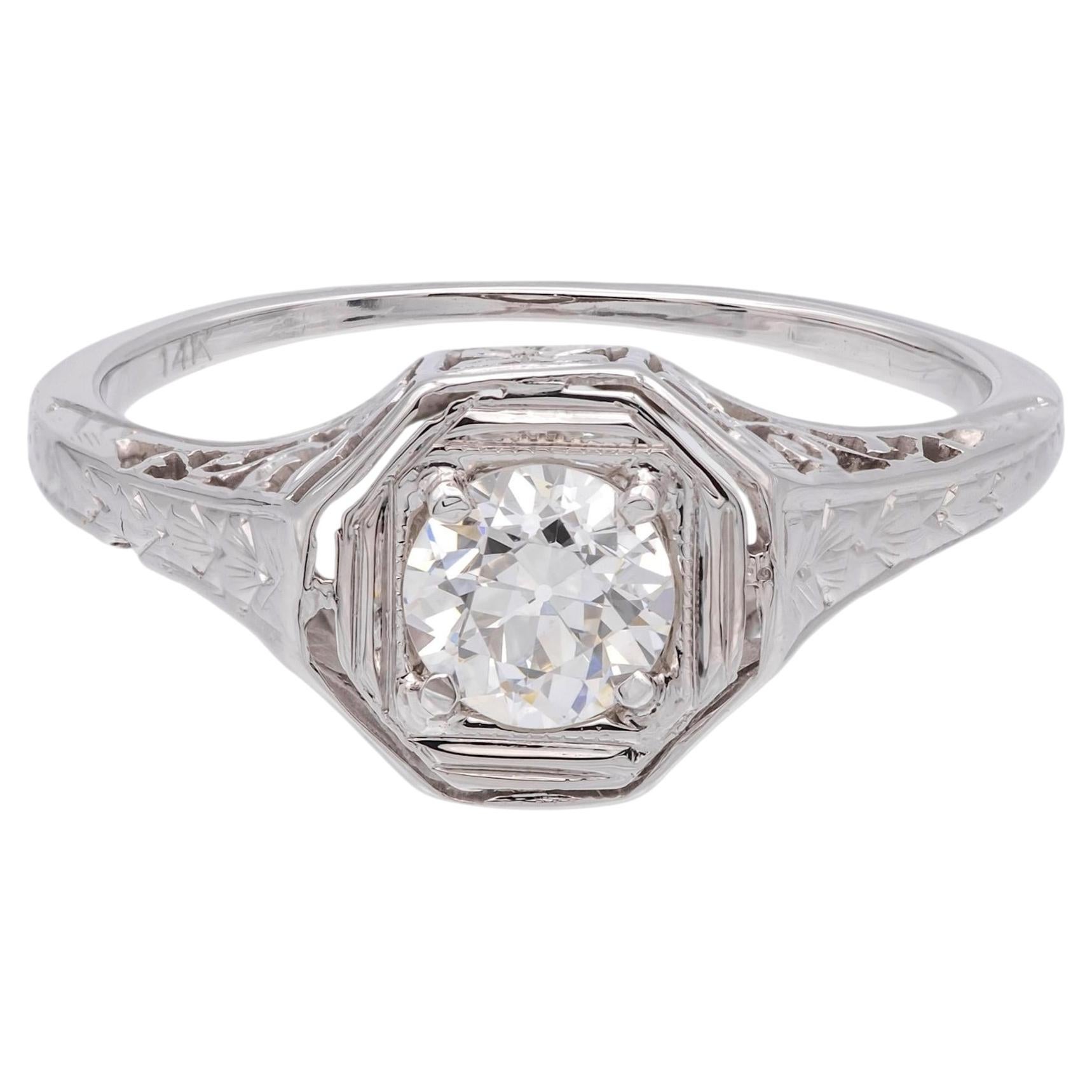 Antiker Art Deco 14K Weißgold Diamant Verlobungsring .40 ct E-F VS1-VS2