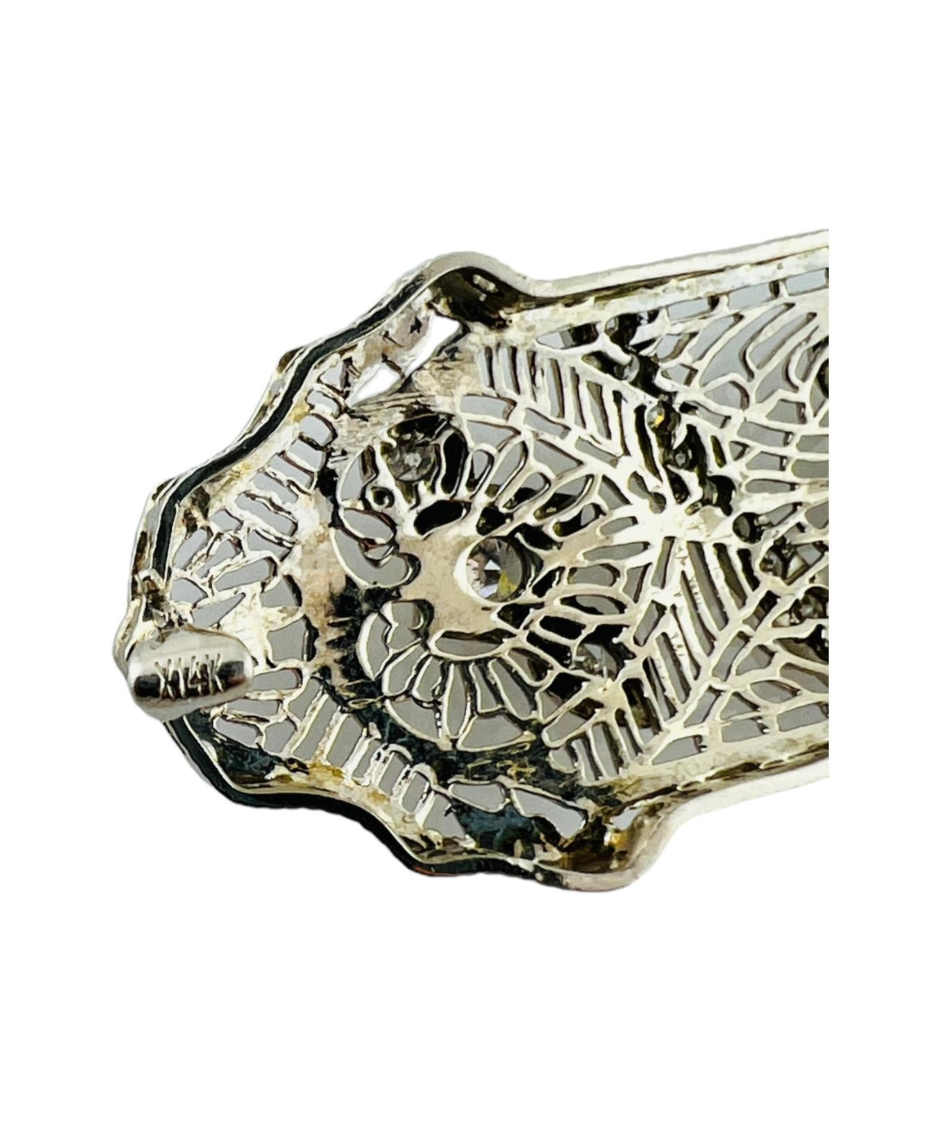 Round Cut Antique Art Deco 14K White Gold Diamond Filigree Brooch Pin #17046 For Sale