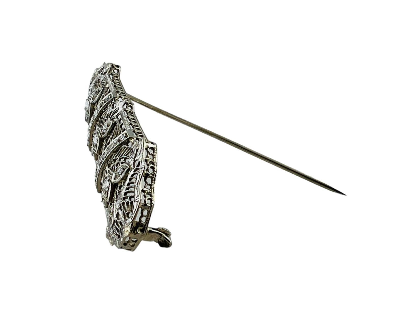 Women's Antique Art Deco 14K White Gold Diamond Filigree Brooch Pin #17046 For Sale