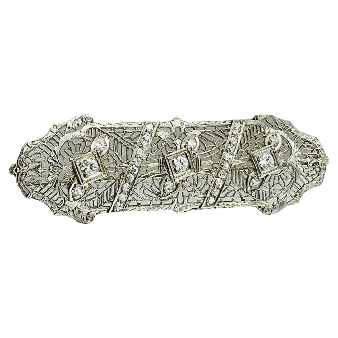Antique Art Deco 14K White Gold Diamond Filigree Brooch Pin #17046 For Sale