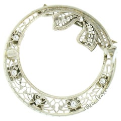 Antique Art Deco 14k White Gold Diamond Filigree Circle Wreath w/ Bow Brooch Pin