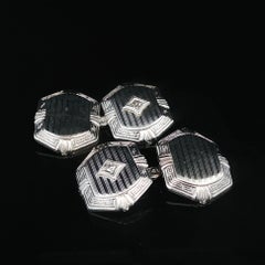 Antike Art Deco 14k Weißgold Diamant Hand geätzt eingraviert griechischen Schlüssel Manschettenknöpfe