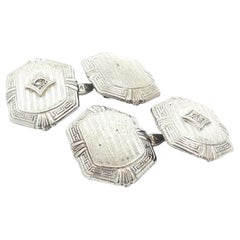 Antique Art Deco 14k White Gold Diamond Hand Etched Engraved Greek Key Cufflinks Antique Art Deco 14k White Gold Diamond Hand Etched Engraved Greek Key Cufflinks