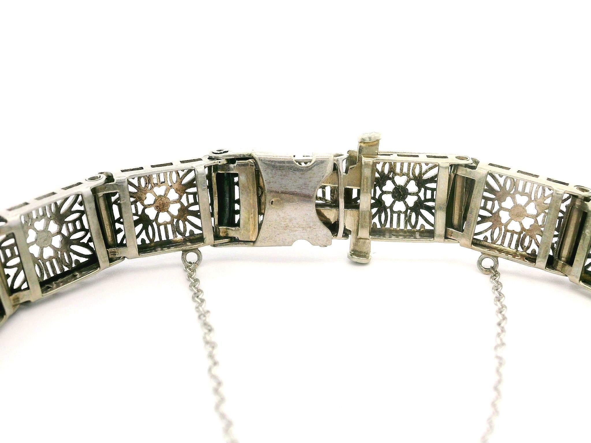 Old European Cut Antique Art Deco 14k White Gold Diamond & Sapphire Filigree Stackable Bracelet For Sale