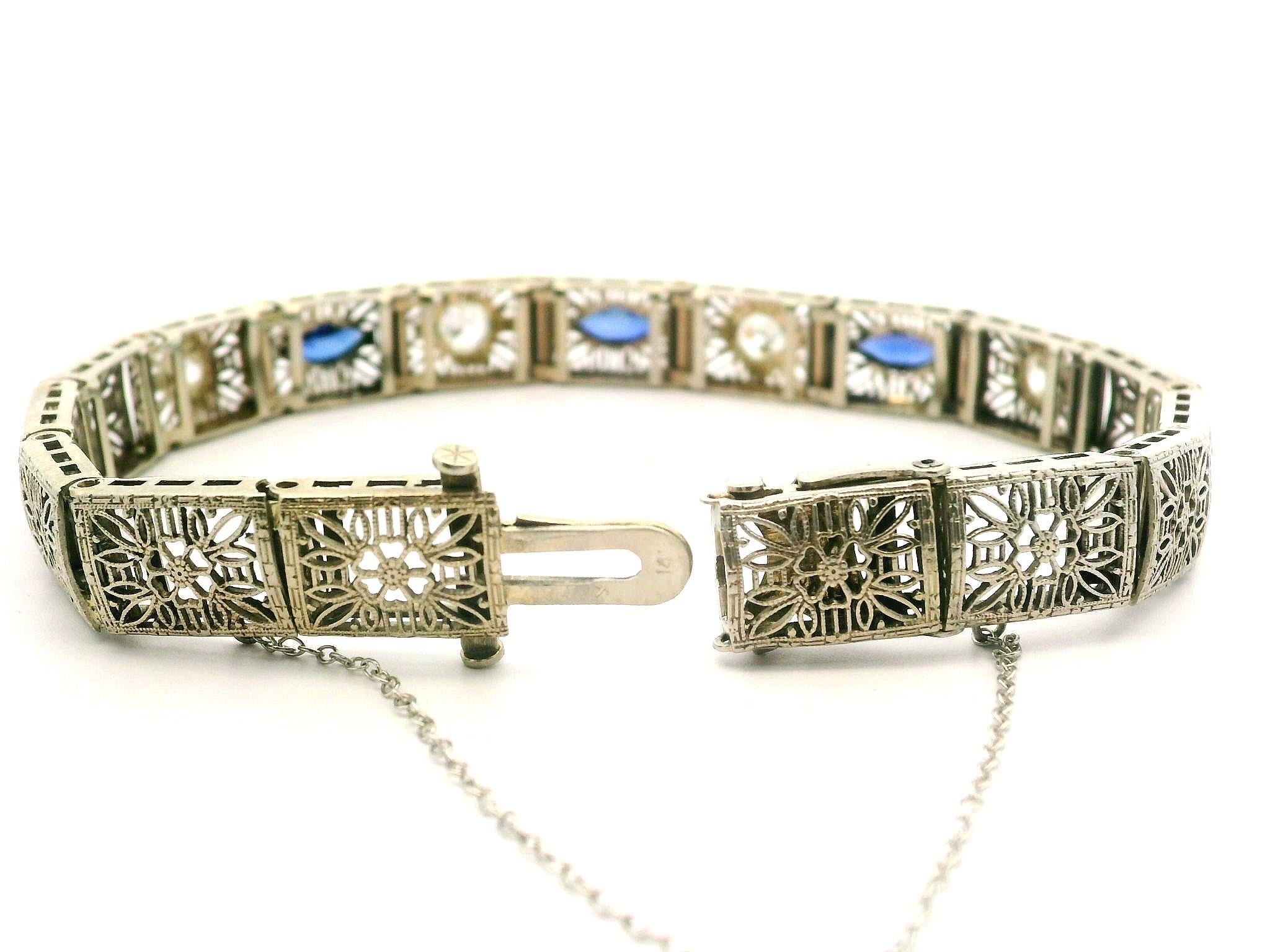Antique Art Deco 14k White Gold Diamond & Sapphire Filigree Stackable Bracelet In Excellent Condition For Sale In Montclair, NJ