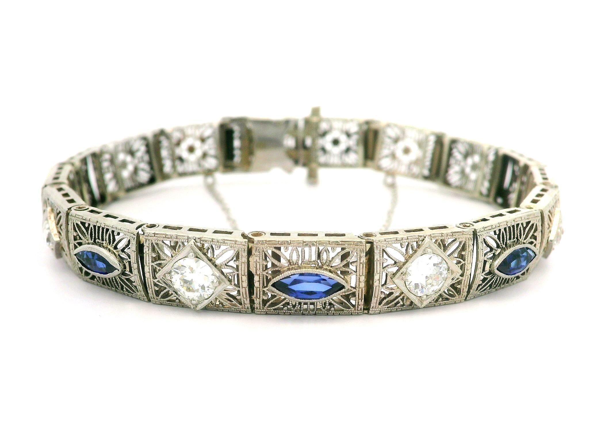 Women's Antique Art Deco 14k White Gold Diamond & Sapphire Filigree Stackable Bracelet For Sale