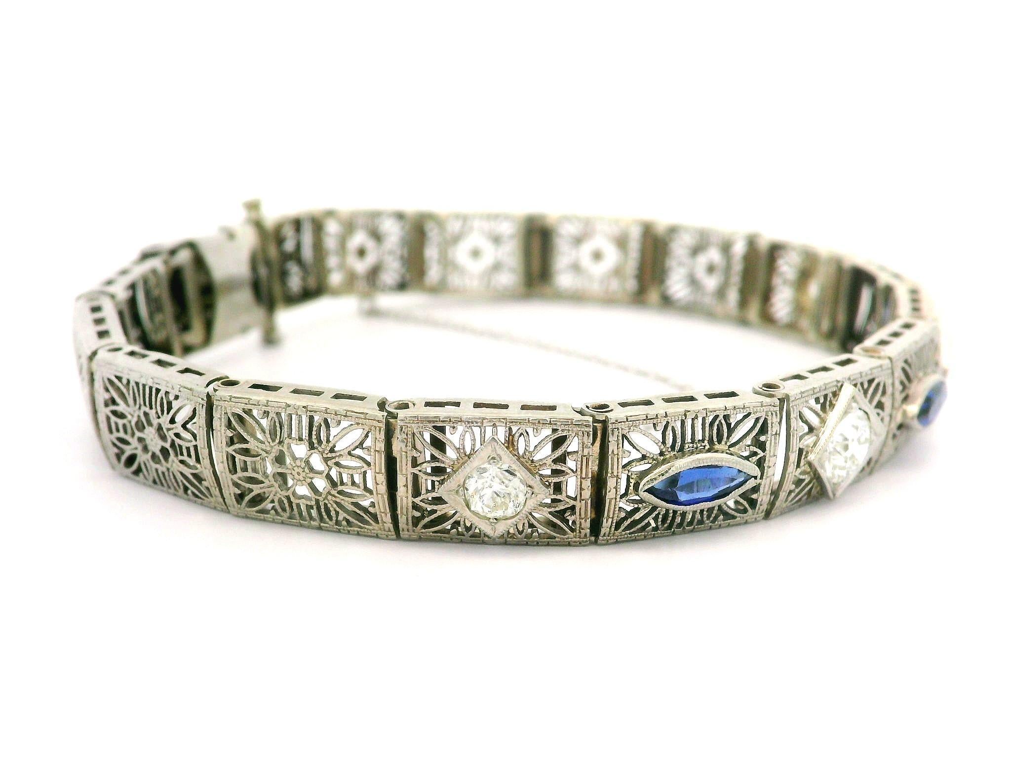 Antique Art Deco 14k White Gold Diamond & Sapphire Filigree Stackable Bracelet For Sale 1