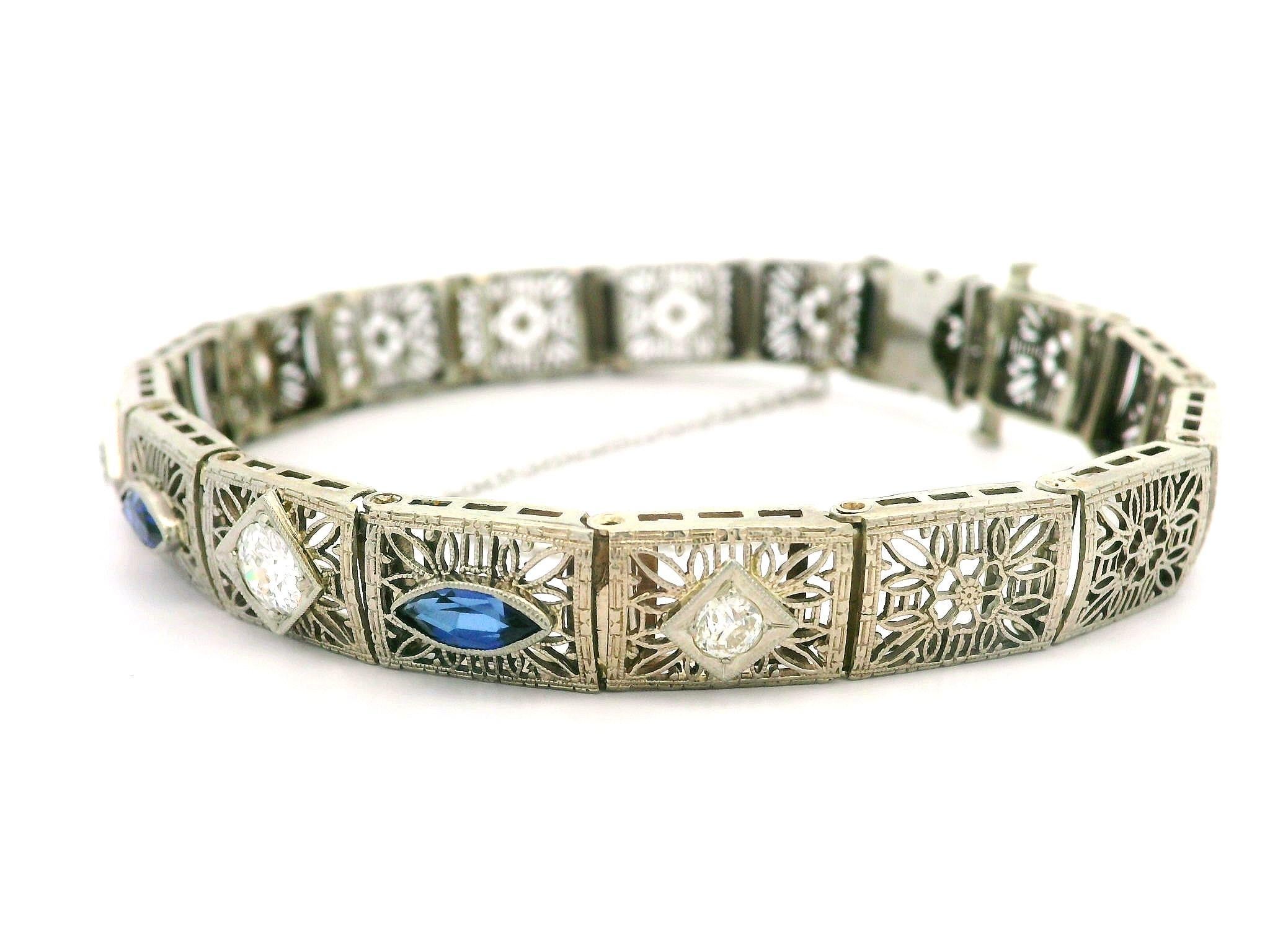 Antique Art Deco 14k White Gold Diamond & Sapphire Filigree Stackable Bracelet For Sale 2