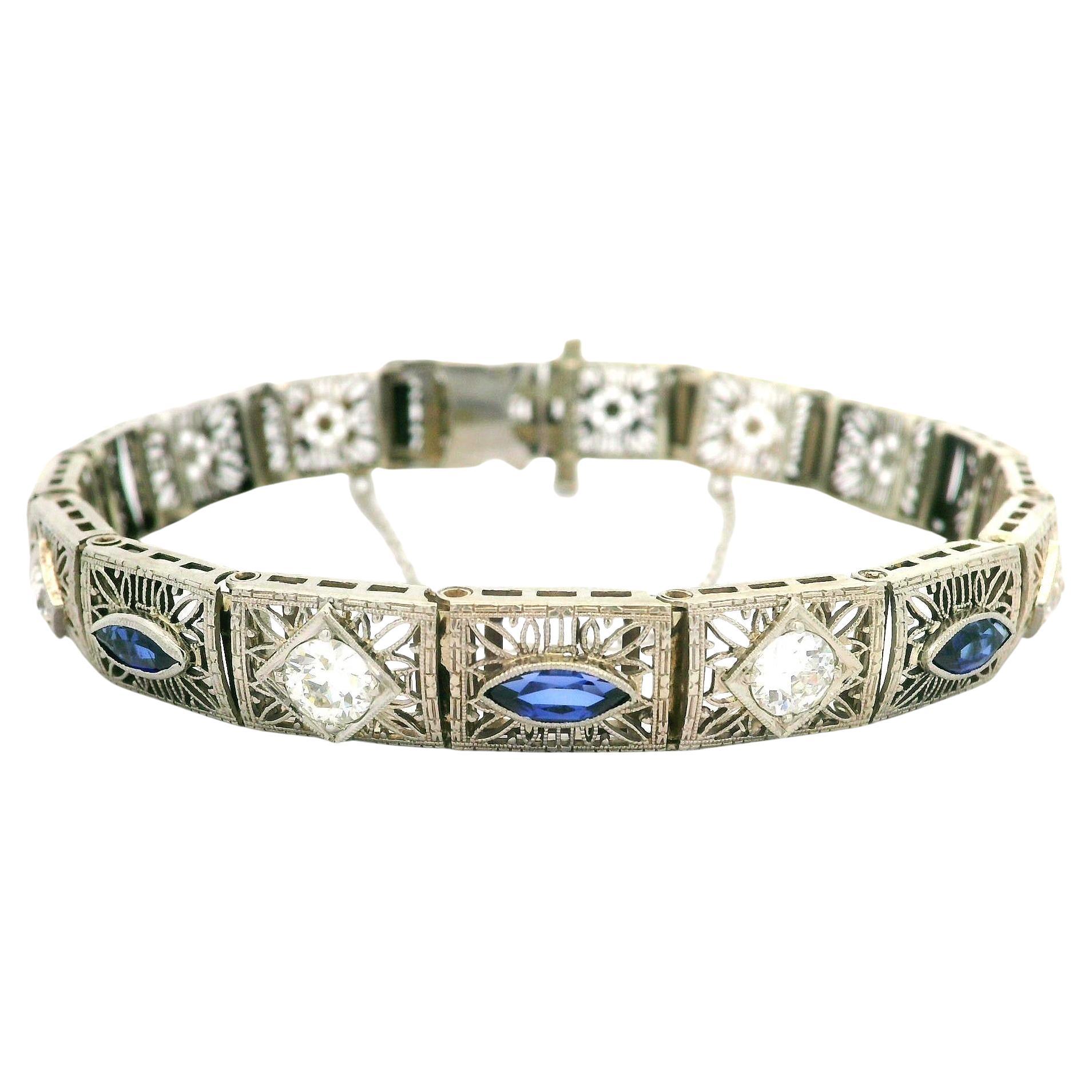Antique Art Deco 14k White Gold Diamond & Sapphire Filigree Stackable Bracelet