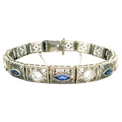 Antique Art Deco 14k White Gold Diamond & Sapphire Filigree Stackable Bracelet