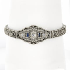 Antique Art Deco 14k White Gold Diamond & Sapphire Open Filigree Link Bracelet