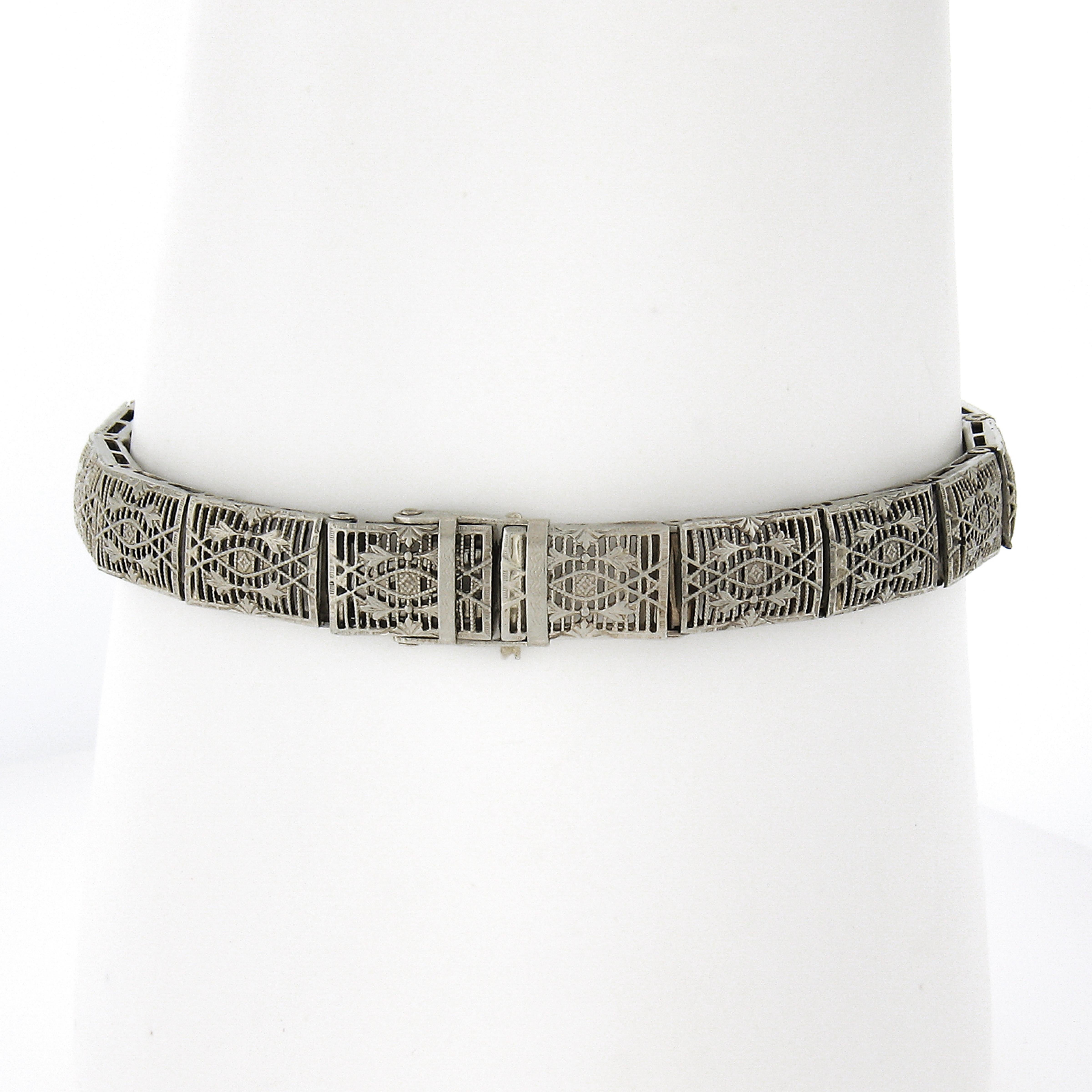Antikes Art Deco 14k Weißgold Diamant & Saphir offenes filigranes Link-Armband (Art déco) im Angebot