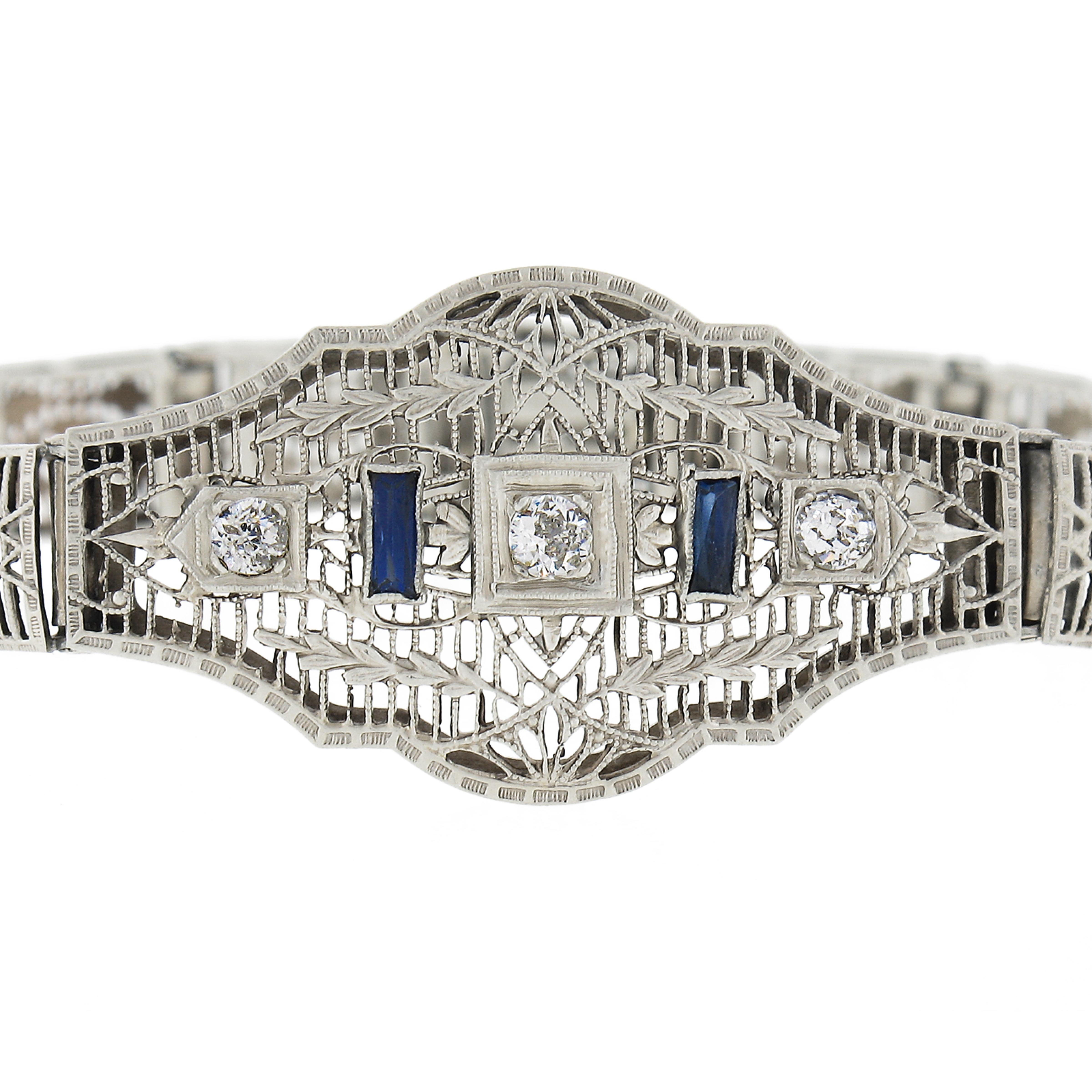 Baguette Cut Antique Art Deco 14k White Gold Diamond & Sapphire Open Filigree Link Bracelet For Sale