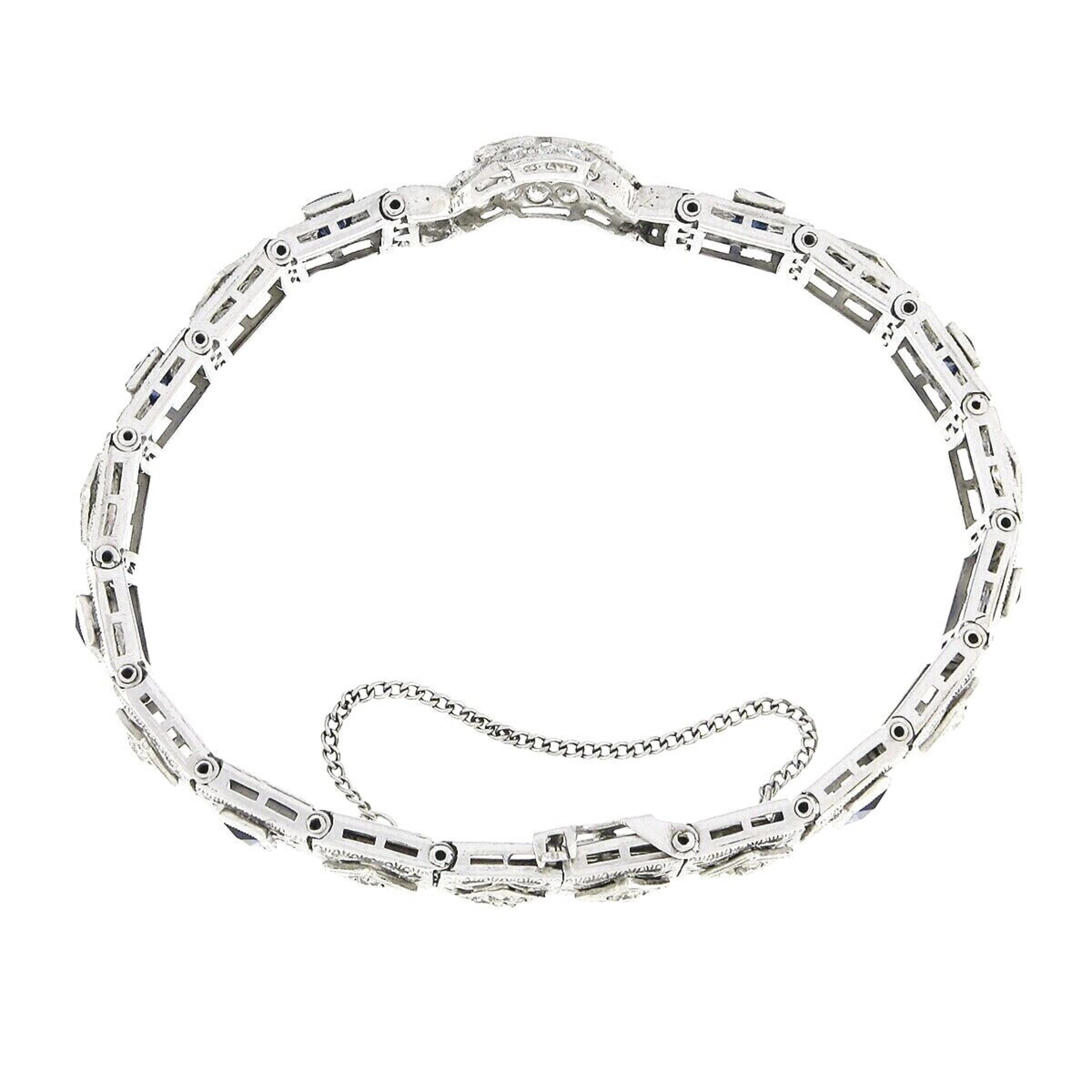 Women's Antique Art Deco 14k White Gold Diamond & Sapphire Open Filigree Link Bracelet For Sale