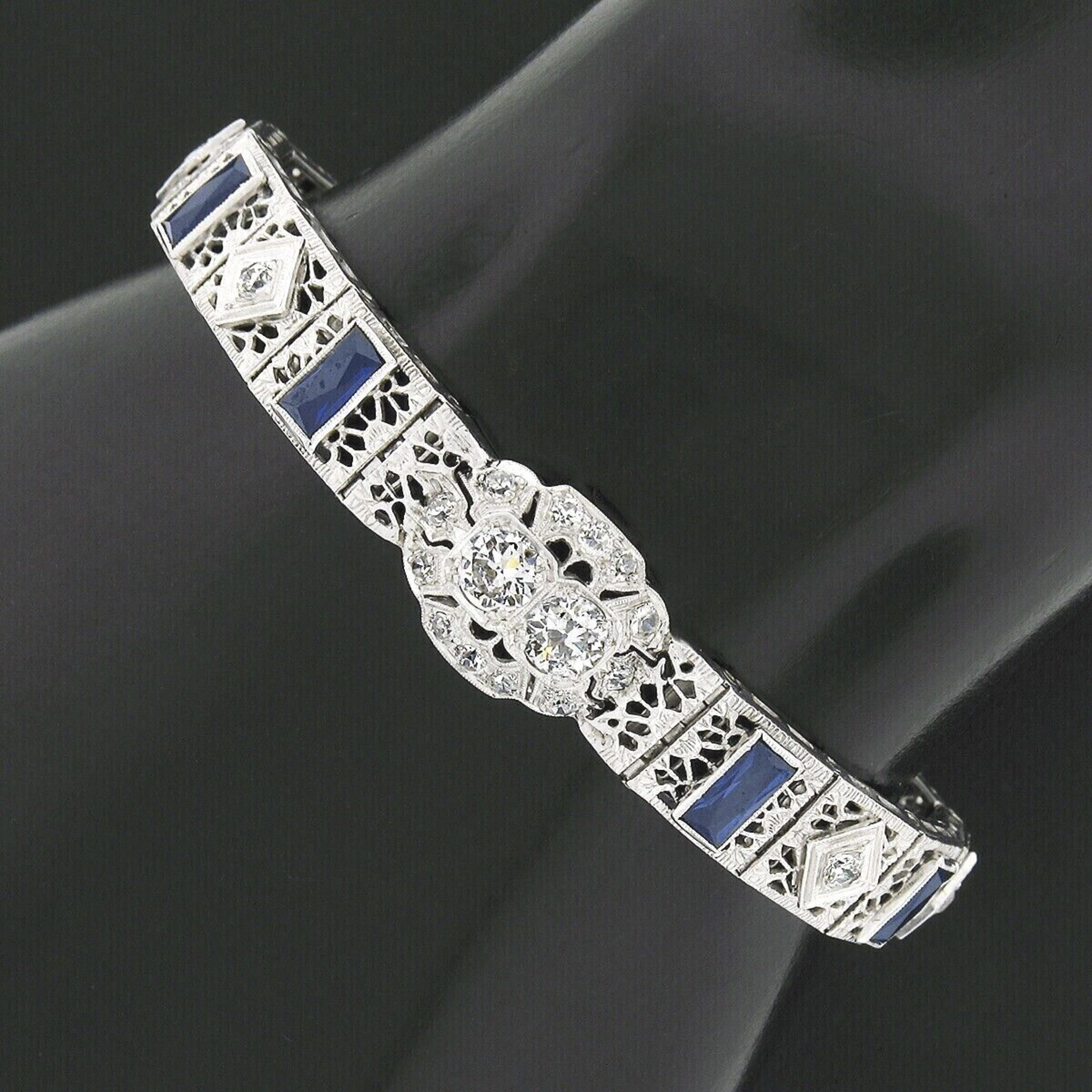 Antique Art Deco 14k White Gold Diamond & Sapphire Open Filigree Link Bracelet For Sale 1