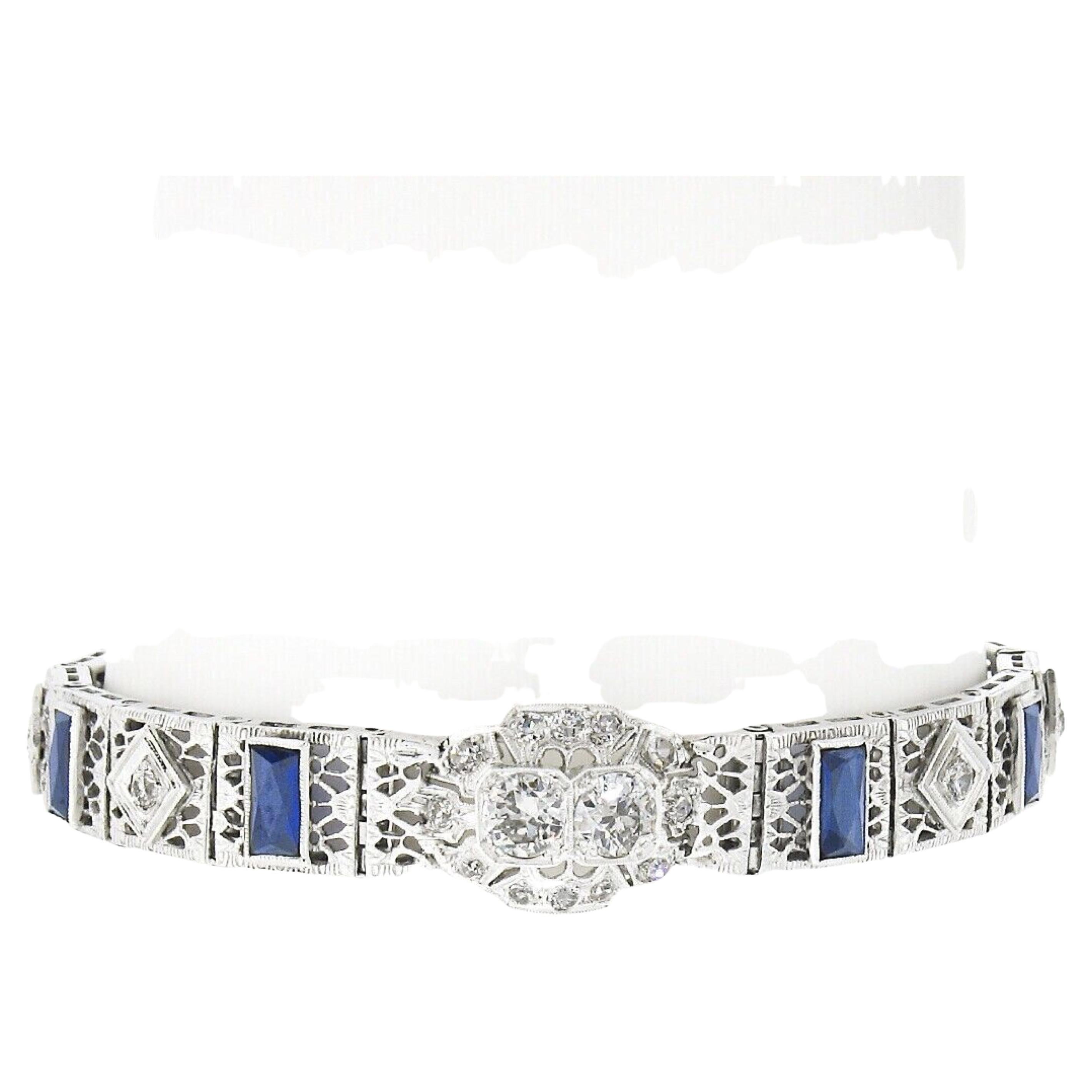Antique Art Deco 14k White Gold Diamond & Sapphire Open Filigree Link Bracelet For Sale
