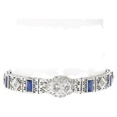 Antique Art Deco 14k White Gold Diamond & Sapphire Open Filigree Link Bracelet