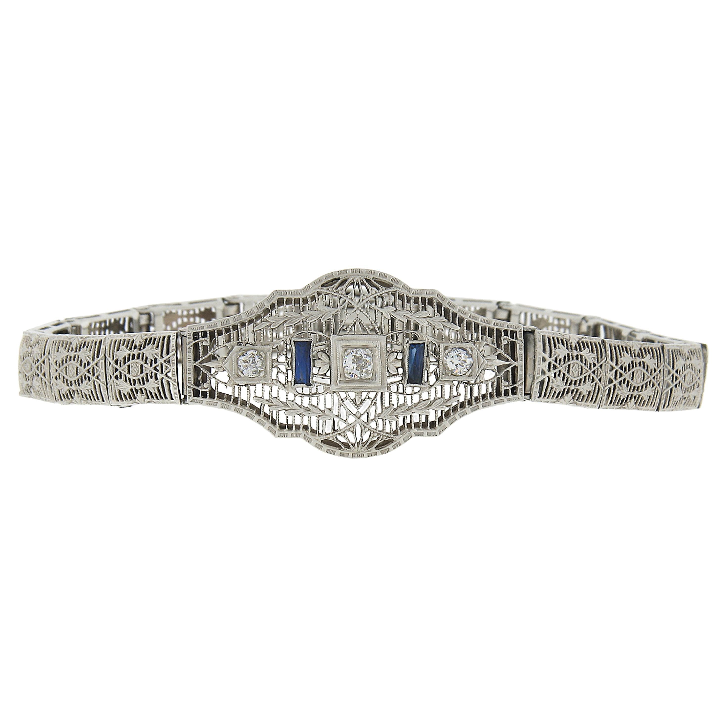 Antique Art Deco 14k White Gold Diamond & Sapphire Open Filigree Link Bracelet