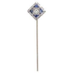 Antique Art Deco 14K White Gold, Diamond, & Sapphire Stickpin
