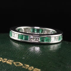 Antique Art Deco 14K White Gold Emerald Carre Cut Diamond Eternity Wedding Band