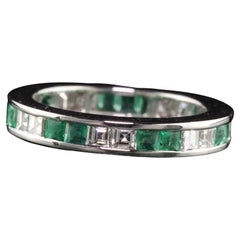 Antique Art Deco 14K White Gold Emerald Carre Cut Diamond Eternity Wedding Band