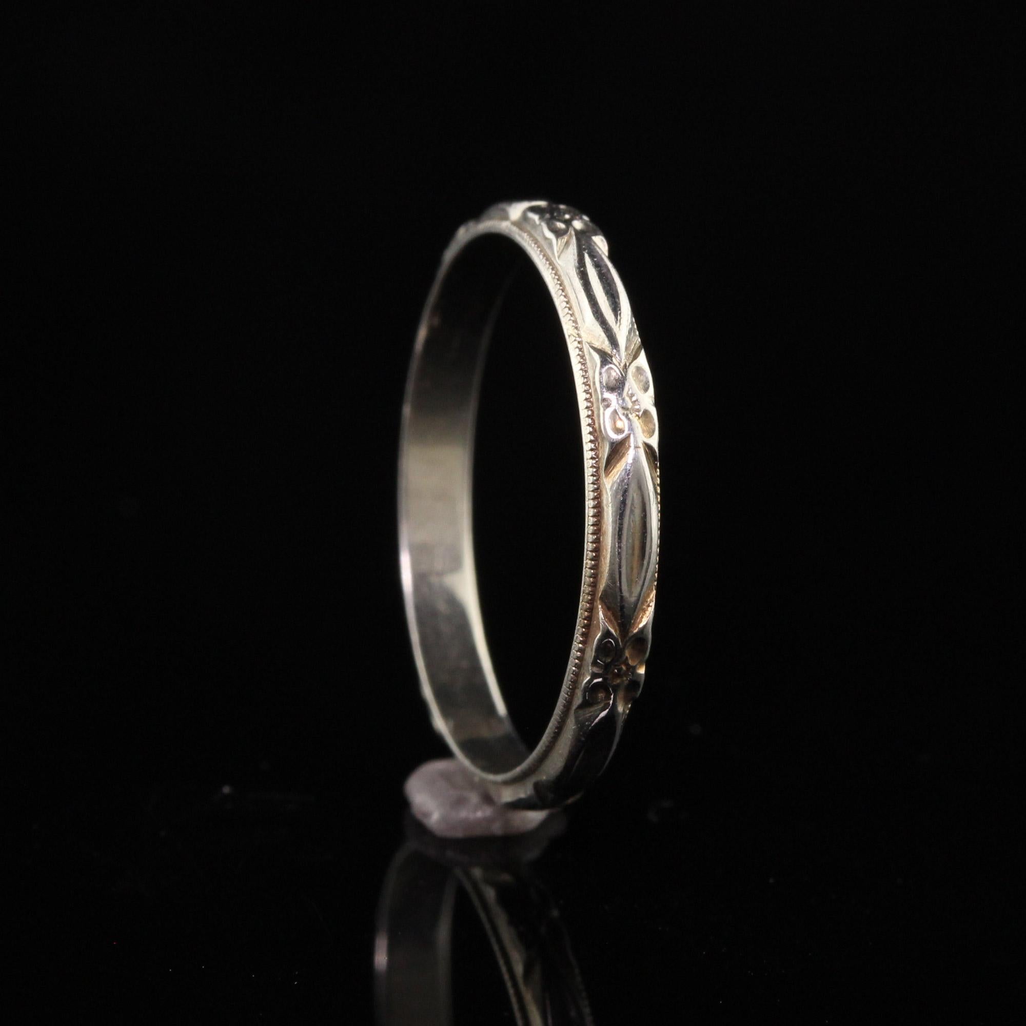 Antique Art Deco 14K White Gold Engraved Wedding Band For Sale 1