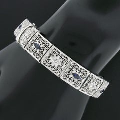 Antique Art Deco 14k White Gold European Diamond Sapphire Wide Filigree Bracelet