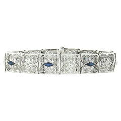 Antique Art Deco 14k White Gold European Diamond Sapphire Wide Filigree Bracelet