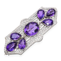 Antique Art Deco 14k White Gold Filigree Amethyst Brooch