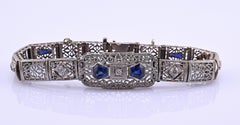 Bracelet antique Art Deco en or blanc 14k filigrané avec saphirs et diamants