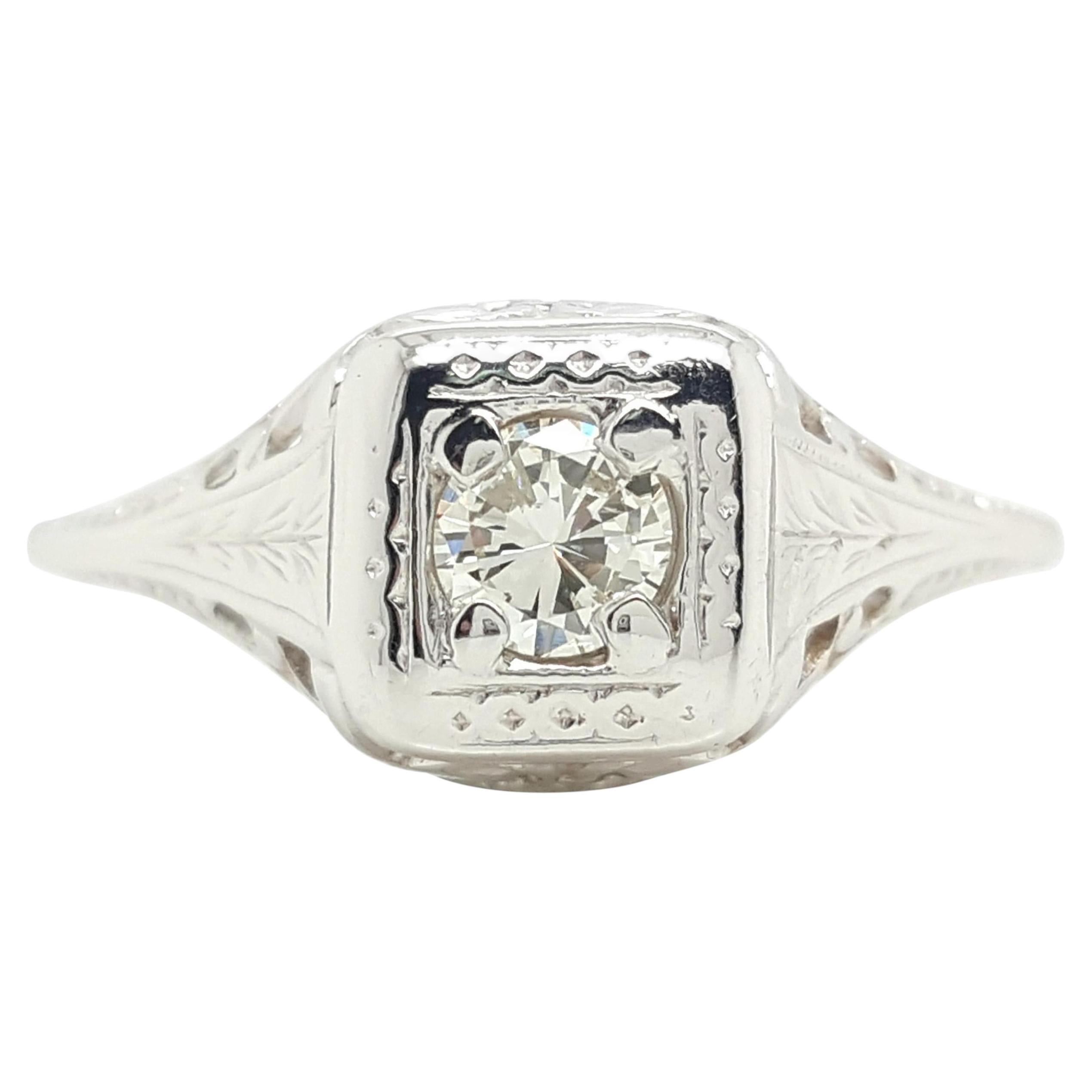 Antique Art Deco 14k White Gold Filigree Diamond Solitaire Engagement Ring