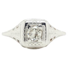 Antique Art Deco 14k White Gold Filigree Diamond Solitaire Engagement Ring