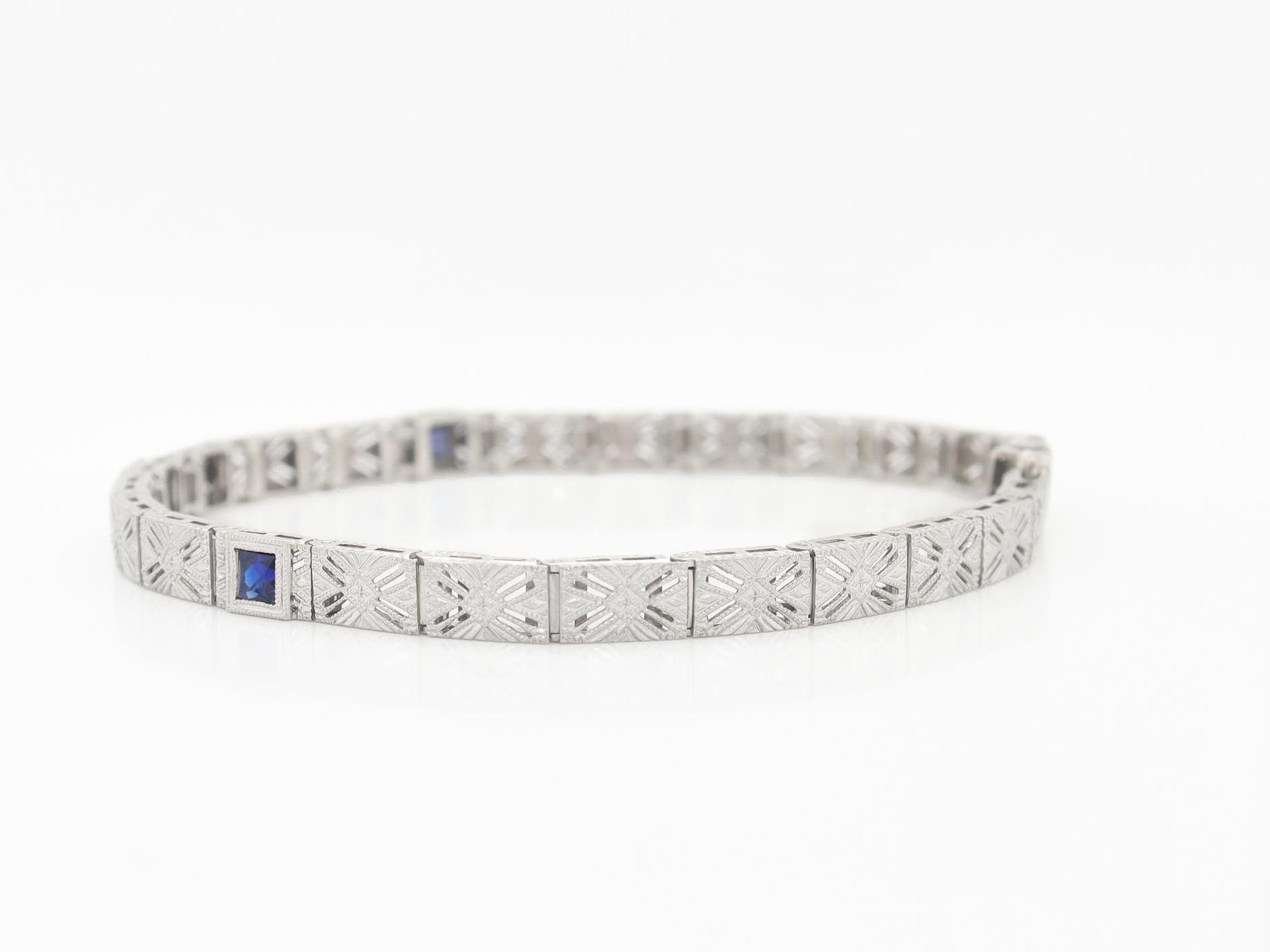 Antique Art Deco 14K White Gold Filigree, Sapphire, & Diamond Bracelet For Sale 6