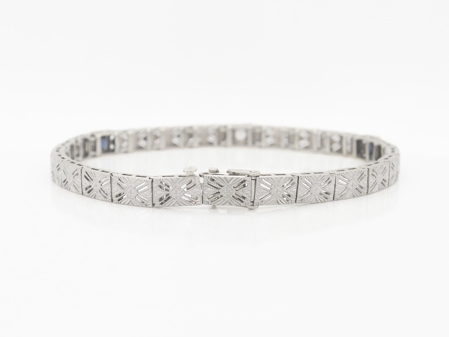 Antique Art Deco 14K White Gold Filigree, Sapphire, & Diamond Bracelet For Sale 7