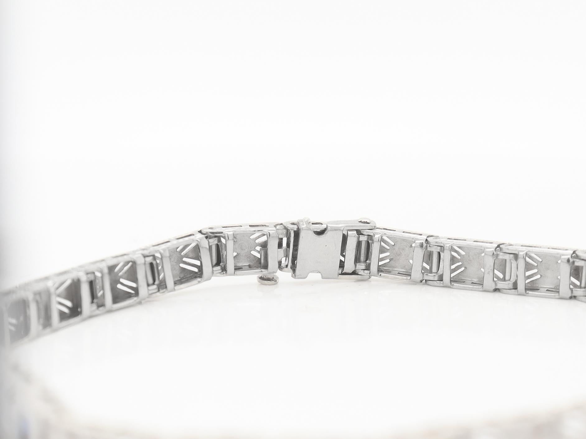 Antique Art Deco 14K White Gold Filigree, Sapphire, & Diamond Bracelet For Sale 8