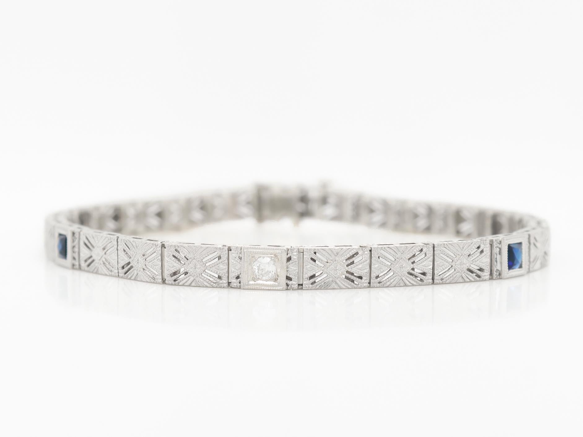 Antique Art Deco 14K White Gold Filigree, Sapphire, & Diamond Bracelet In Fair Condition For Sale In Philadelphia, PA